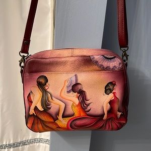 Hand-Painted Red Leather Crossbody Bag with Flamenco Dancers